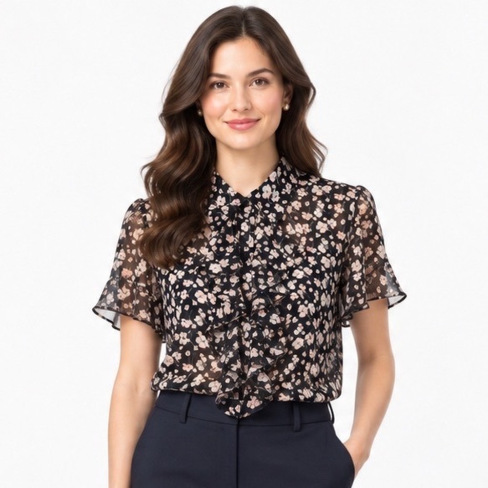 Chaps Ruffle Front Blouse 1X Navy Blue Floral Short Sleeve Preppy Retro Top